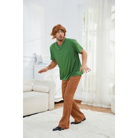LILLIWEEN Shaggy Costume Mens Green V-Neck Short-Sleeve Shrit Corduroy Bell Bottom Flares Pants 60s 70s Vintage Costume S
