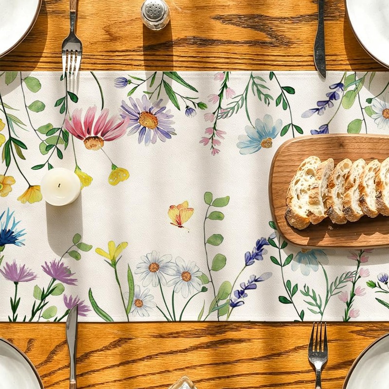 RABUSOFA Lavender Daisy Floral Summer Table Runner,Seasonal Spring Kitchen Dining