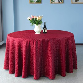 WedDecor 90" Round Damask Tablecloth Scrolled Leaves Pattern Seamless Circular Linen Table Cover For Restaurant, Dining, Weddings & Events Table Decorations, Red, 1pc