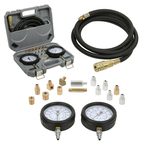 ARES 81000 – Master Engine and Transmission Oil Pressure Test Set – High and Low Pressure Gauges for Testing Transmission and Engine Pressure – 14-Piece Adapter Set for Maximum Coverage