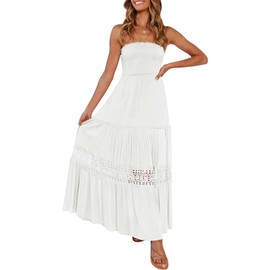 ZESICA ZESICA Women's 2024 Summer Bohemian Strapless Off Shoulder Lace Trim Backless Flowy A Line Beach Long Maxi Dress,White,Small