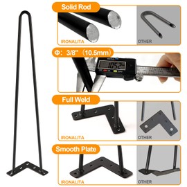 Ironalita 12 Inch Hairpin Legs for Furniture Set of 4, Heavy Duty Industrial Metal Table Legs with 3/8" Black Solid Iron, DIY Hair Pin Legs for Coffee Table, Bench, End Table, with 4 Floor Protectors