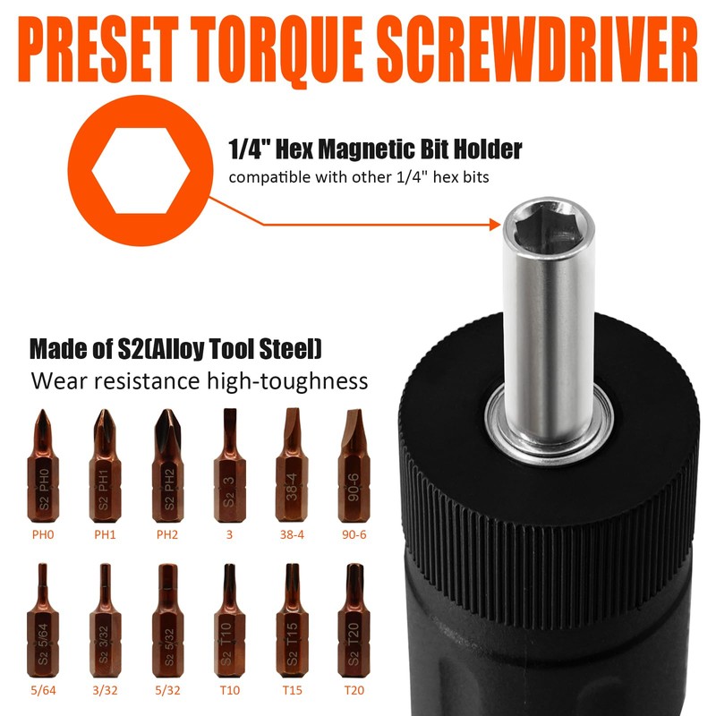 coobeast 13Pcs Preset 1/4” Drive Torque Screwdriver with S2 Bits