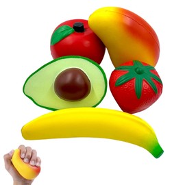 Farvisan 5 Pack Figuras Antiestrés de Frutas, pequeñas Frutas de Espuma Suave para Alivio ansiedad, desestrés y decoración, Incluye Manzana, Fresa, Mango, Aguacate y plátano