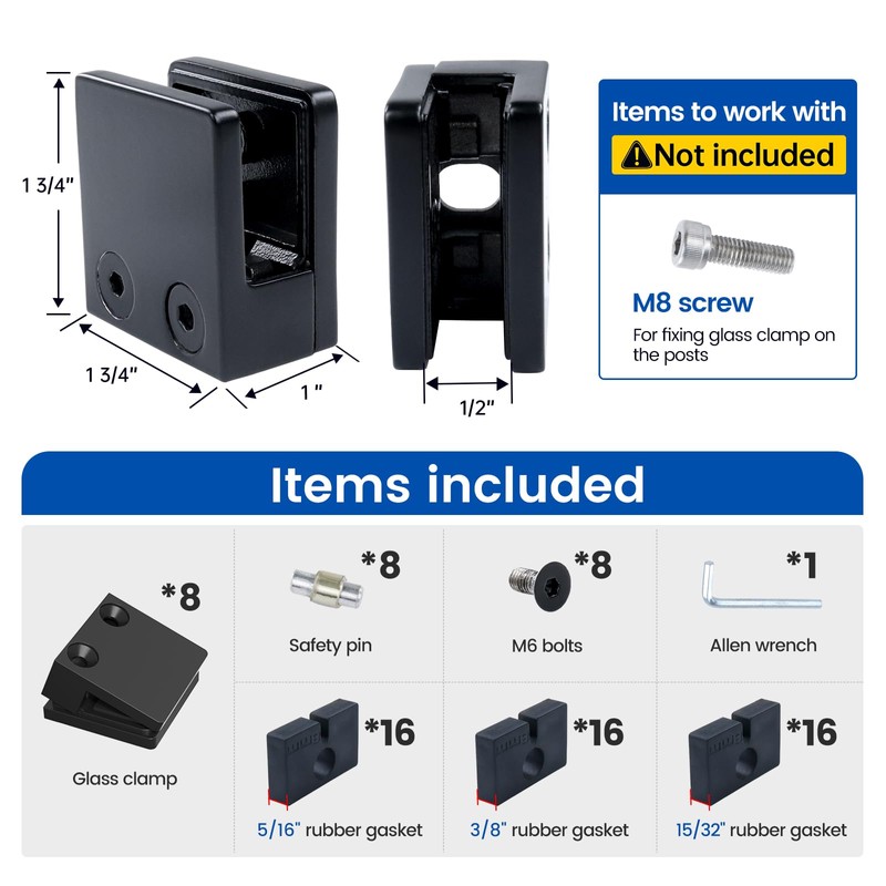 Muzata 8Pack Adjustable Glass Clamp for Thickness 5/16"-1/2"(8mm-12mm) Black Square