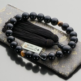 Butsudanya Takita Shoten Prayer Beads, Men's, Ebony (Glossy), 2 Tiers, Tiger Eye Stones, 22 Balls, Pure Silk Basso, Comes with a Bag of Prayer Beads, Can Be Used in All Sects, Kyoto Prayer Beads Certificates Included