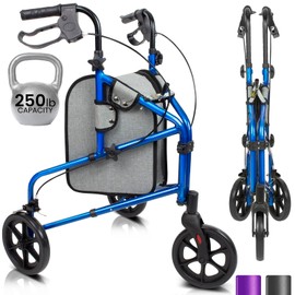 Vive Mobility 3 Wheel Walker - Three Wheeled Rollator for Seniors - Lightweight, Foldable, Narrow, Heavy Duty - for Elderly Men Women - Folding 3-Wheel Tri Scooter with Basket Bag
