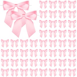 50 Pieces Pink Twist Tie Bows for Gift Wrapping, 4.5 inches Premade Satin Ribbon Bows with Twist Tie for Treat Bags, Pink Bow for Birthday Wedding Christmas Party Decoration Gift Wrapping Decor
