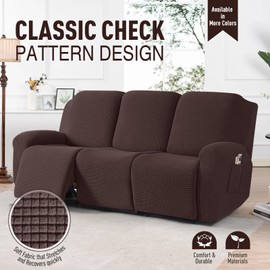 TAOCOCO Recliner Sofa Covers 8-Pieces Stretch Large Couch Covers for 3 Seats Reclining Slipcovers Soft Jacquard Pattern Furniture Protector (Dark Coffee)
