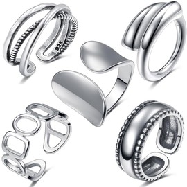 AFCJLTO Pack of 5 Boho Joint Finger Rings, Stackable Midi Rings Set, Silver Vintage Stackable Ring, Silver Rings Set, Adjustable Finger Rings for Women and Girls, Metal