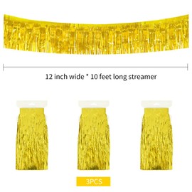 TONIFUL 3 Packs Gold Foil Fringe Tinsel Metallic Wall Hanging Banners Fringe Garland Parade Floats Decoration for Trailer Car Bridal Shower Wedding Graduation Birthday Party Decoration(30 Feet)