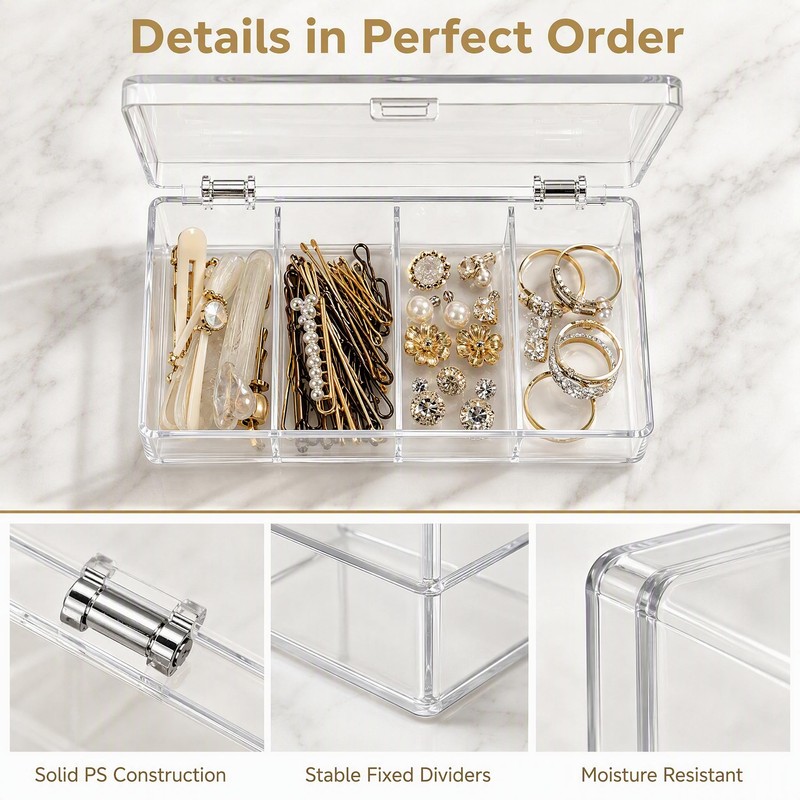 Vurixfo 4 Compartment Hair Accessories Organizer with Lid Clear Box