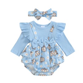 Newborn Infant Baby Girl Romper Dress Long Sleeve Ruffle Bodysuit Jumpsuit Fall Winter Clothes One Piece Outfit (A-blue pumpkin, 0-3 Months)