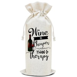 Wine is Cheaper Than Therapy - Wine Canvas Bag, Wine Lover Gift Funny Wine Gift Bag, Birthday Gifts for Women Men, Wine Bags for Wine Bottles, Wine Gifts With Drawstring Holiday Party Decoration -WB22