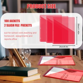 Seajan 100 Pcs Binder Pockets for 3 Ring Binder Clear Plastic Folders Sleeves 3 Hole Punch Document Dividers Poly Slash File Jacket Organizer with 2 Pockets for Office School(Red)