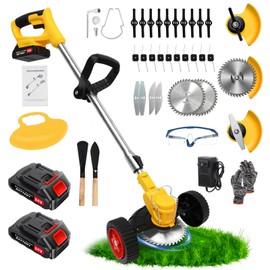 24V Electric Weed Wacker Cordless Grass Trimmer with 2x2000mAh Batteries & Fast Charger, 3 in 1 Stringless Lightweight Brush Cutter/Edger/Mower with 5 Types Blade & Wheels for Garden and Yard Lawn