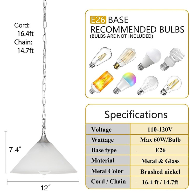 KLOSM Plug in Pendant Light Alabaster Glass Dome Shade Hanging