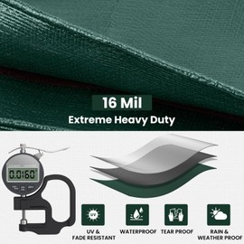 Winpull Tarp 12x16 Feet 16 Mil Heavy Duty Waterproof Tarp, Large Multipurpose Cover with Brass Grommets and Reinforced Edges, UV Resistant Thick Poly Tarps for Outdoor Camping Tent Pool Car, Green