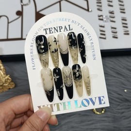 TENPAL Chinese Press On Nails With Tools,Black Gold Ink Butterfly Designs Fake Nails Long Stiletto,Hand-Painted Vintage French Tip Glue on Nails,Glitter Glossy Acrylic False Nail Tips for Luxury(M)