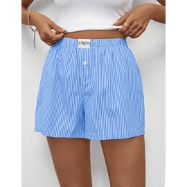 LOMON Boxer Shorts for Women Summer Cotton Pajamas 2025 Lounge Sleep Pj Striped Short Pants Y2K Beach Bottoms with Pockets (Sky Blue Pinstripe M)