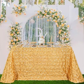B-COOL Rosette Wedding Tablecloth Light Gold 90x132 Inch 3D Floral Rectangle Table Cloth Birthday Tablecloths for Outdoor Romantic Holiday Party Table Decorations