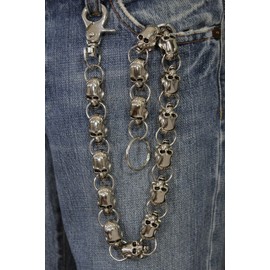 Men's Fashion Wallet Chain Links Big Skulls Silver Metal Keychain Clasp Ring Punk Rocker Style
