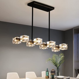 OKES Black Chandelier,Crystal Pendant Lights Fixture with 8-Lights,Modern Cube lamp Shade Hanging Ceiling Light for Dining Room,Kitchen Island,Bedroom,Living Room