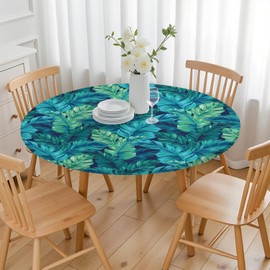 BOOWEATS Palm Leaf 48 Inch Round Fitted Vinyl Tablecloth with Elastic Edged, Waterproof Oil Proof Wipeable Table Cover for Indoor Outdoor Patio Table, Fits Round Tables Up to 46" - 50" Diameter