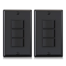 AIDA Single Pole Triple Paddle Rocker Decorator Light Switch, 15 Amp Self-grounding Electrical Light Switches, Residential Grade, UL Listed (2 Pack, Glossy Black)