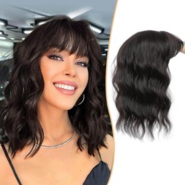 MARJORIE Hair Topper 14inch Dark Brown Wavy Hair Toppers for Women with Thinning Synthetic Wiglets Topper with Bangs Clip in Hair Pieces For Women,Changing Hairstyle, Boosting Confidence