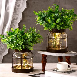 Yiyiring 2 Set Vintage Glass Vase Rustic Farmhouse Lantern Decor with Artificial Plants Lights Decorative Clear Vase for Home Decor Floral Arrangement Dining Table Centerpieces(Eucalyptus Leaf)