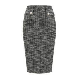 Hobemty Women's Tweed Pencil Skirt Knee Length High Waisted Elegant Work Stretchy Bodycon Skirts Medium Black