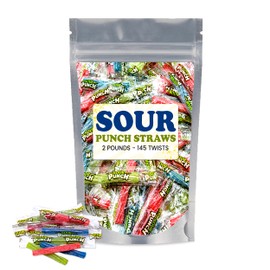 Sour Punch Straws - Sour Candy Bulk candy individually wrapped Assorted Flavors 3" Sours Punch Twists Zesty & Tangy Delight - 2LB - 32oz (145 Count)