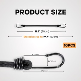Heavy-Duty Bungee Cords with Reinforced Hooks on Both Ends – Set of 10 – Multi-Pack for Outdoor, Camping, and Cargo – Durable, UV-Resistant, Versatile Tie-Downs, DIY (30cm (11.8"))