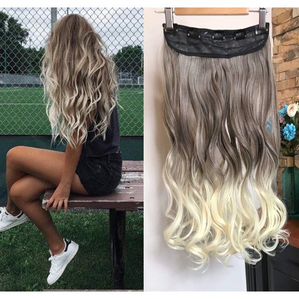DevaLook Hair Extensions 20" Thick One Piece Wavy Curly Half Head Ombre Clip in Hair Extensions (20" - Brown/blonde mixed to platinum blonde)