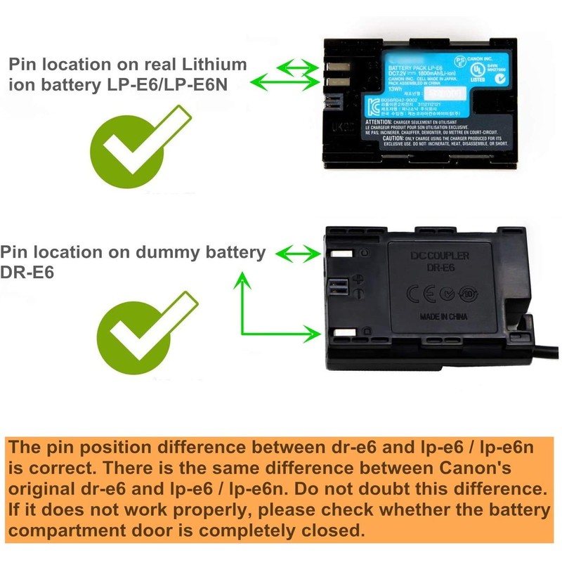 Tengdaxing ACK-E6 Continuous Power Adapter LP-E6/E6N Dummy Battery for Canon