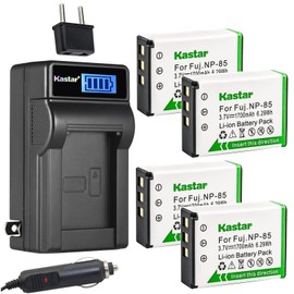 Kastar 4-Pack NP-85 Battery and LCD AC Charger Compatible with Toshiba Camileo X200, Camileo X400, Camileo X416 HD, Camileo Z100, Medion Life P47011, Life X47023, MD86423, MD 86423 MD86695, MD 86695