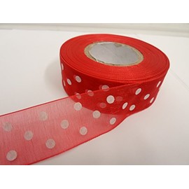 1 Roll of 25mm x 20 metres Sheer Organza Ribbon red with White Polka dot Spots 25 mm 2.5cm