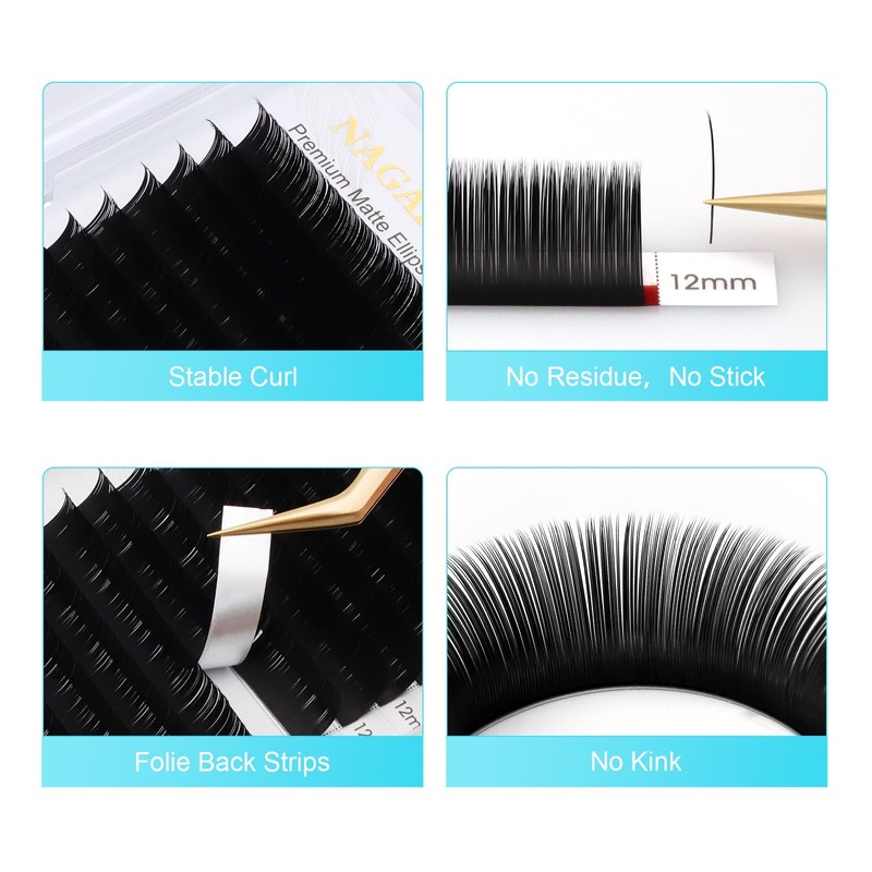 NAGARAKU Ellipse Flat Eyelash Extension with Double Tip Shape, Professional