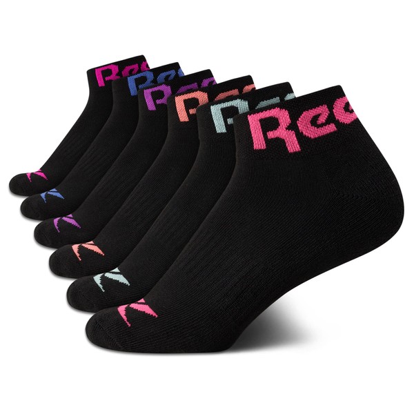 Reebok Girls' Athletic Arch Compression Cushion Comfort Quarter Cut Socks (6 Pack), Size Large, Black Logo