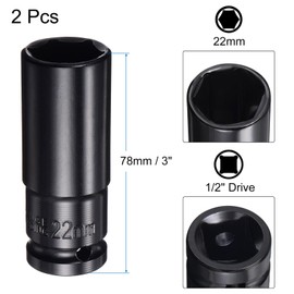 sourcing map 2pcs 1/2" Drive 22mm 6-Point Deep Sockets 3" Length with 2pcs 1/2" to 1/4" Hex Shank Adapters Sandblasted, CR-V Steel Socket Adapter Accessory Set Kit for Hex Bolts Nuts