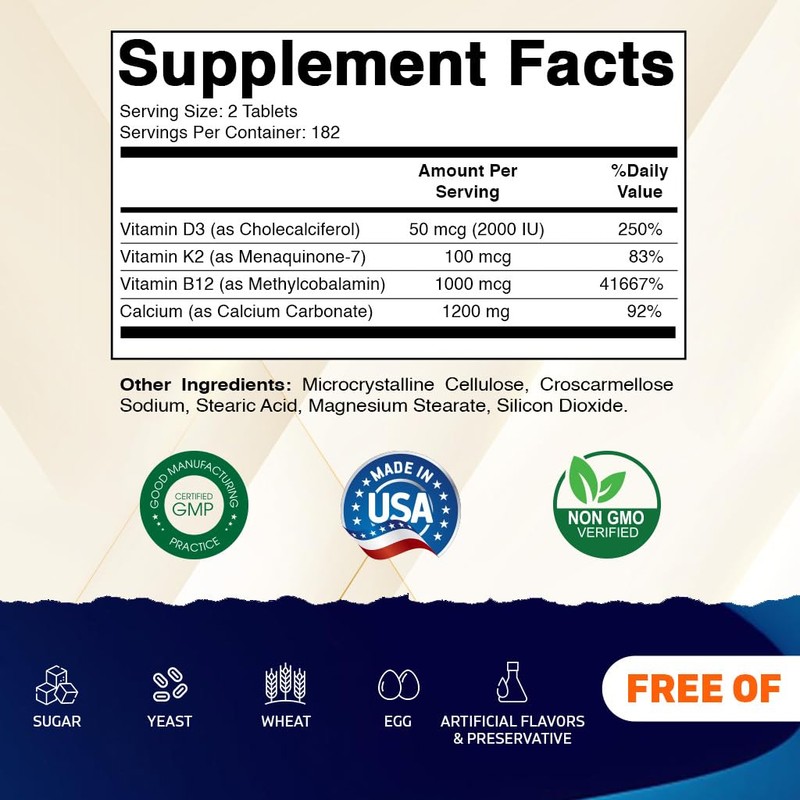 Vitamatic Calcium Supplement 1200mg with D3, K2 & B12, Immune