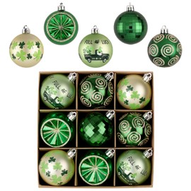Valery Madelyn St Patricks Day Decorations Shamrock Tree Ornament Set, 9pcs 2.36inch Hanging Ball Ornament Irish Festival Decor, Good Luck Clover Green Gold Christmas Ball for Party Home Spring