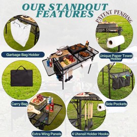 Folding Table w/ Carry Bag, Paper Towel Holder, Garbage Holder, Wing Panels, 3x2 FT Foldable Table for Portable Grill, Picnic, Outdoor, Beach, Small Folding Table Adjustable Height,Camping Table, BBQ