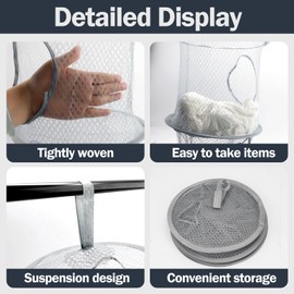 DIBALIYI 2 PCS Hanging Mesh Storage Net, 4 Tier Teddy Storage Basket with Hook, Grey Foldable Storage Bag, Space Saving Organizer for Toys Clothes
