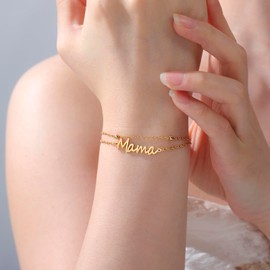 TEAMER Dainty Mama Bracelet Stainless Steel Adjustable Double Layer Beads Chain Mama Bracelet For Mother's Day New Mom (Gold)