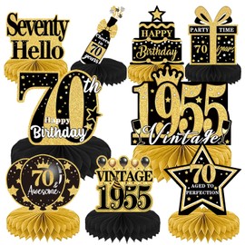 Luvart 70th Birthday Decorations-Black and Gold Table Decorations for Birthday Party 9pcs 70th Birthday Decorations for Men Women Honeycomb Center Decor with Vintage 70 Birthday Party Supplies