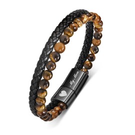 TempBeau Mens Bracelets Leather Husband Wristband : Tiger Eye Bracelet Multi Layer Wristband for Men Genuine Leather Bracelet Hand Chain 9mm Lava Rock Beads for Daddy Son Brother
