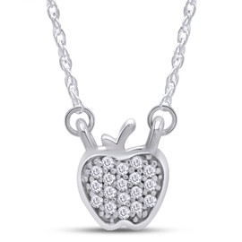 Wishrocks 1/10 CTTW Round Cut White Natural Diamond Heart Apple Pendant Necklace for Women 14k White Gold Over 925 Sterling Silver Heart Jewelry Gift (I-J/I2-I3) 18" Chain