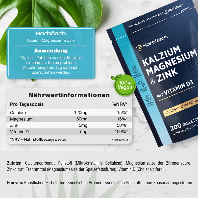 Kalzium Hochdosiert Komplex mit Vitamin D3 Zink | 200 Kalzium
